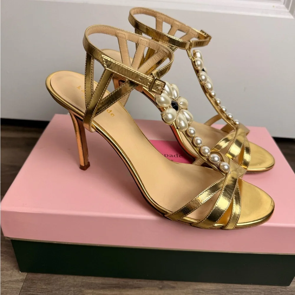 RARE Kate Spade Made In Italy Gold Pearl‎ Floral Heels 8.5B Stiletto